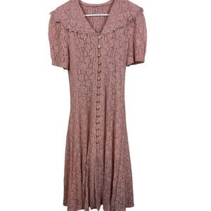 Vintage Betsy's Things mauve Lace midi/maxi Button Down Dress Lined Fairy S